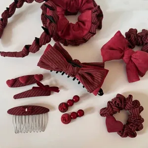 Wine Red Striped Bow Hair Accessories For Women Heart Bear Scrunchies Headband Banana Clip Hair Comb Hair Clips Jewelry Gift