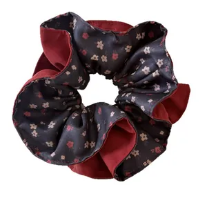 Vintage floral pattern scrunchie hair accessory in deep red and navy blue colors
