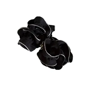 Elegant Korean style black and white ruffled mesh bow banana hair clip with pearls