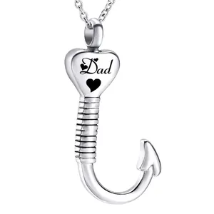 Stainless Steel Heart Fishhook Cremation Urn Necklace Polished Silver Memorial Keepsake Pendant For Ashes Jewelry Women Men