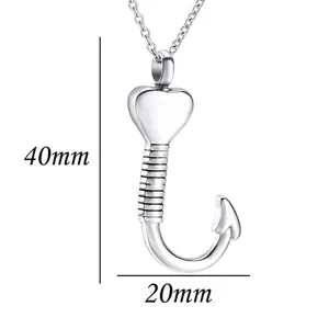 Heart-shaped fishhook cremation urn pendant necklace for ashes in polished silver finish