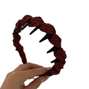 Wine red striped fabric headband with black tooth combs for elegant hair styling