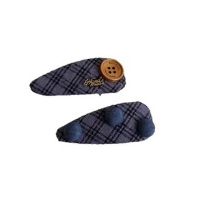 Set of two purple plaid fabric hair clips featuring wooden button and handmade metal tag