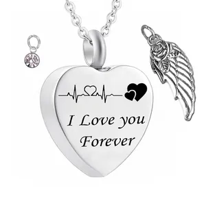 Roestvrij Staal Hart Urn Halsketting Forever Love Gegraveerd Herdenking Crematie Hanger Strass Geboortesteen Engelenvleugel Halsketting Voor As