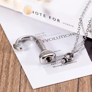 Silver fishhook cremation urn necklace with screw-open pendant and fine chain