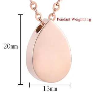 Elegant rose gold waterdrop cremation urn pendant for pet ashes with dimensions.
