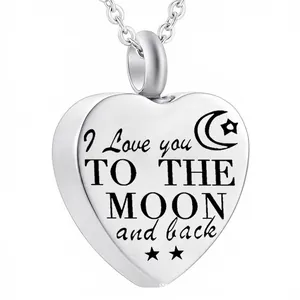 Stainless Steel Heart Urn Necklace Engraved I Love You To The Moon And Back Cremation Jewelry For Ashes Pet Memorial Pendant