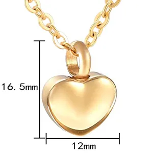 Gouden hartvormige crematie urn ketting voor as met 16,5 mm hoogte afmeting detail