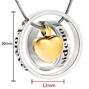 Stainless steel heart cremation urn necklace with engraved rings, 30mm diameter pendant size