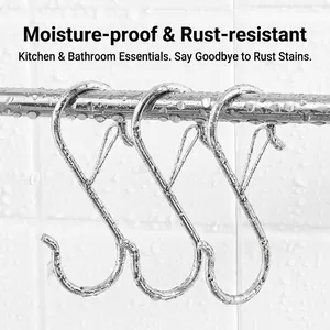 Stainless steel S-shaped hooks with spring windproof buckle for bathroom and kitchen storage.
