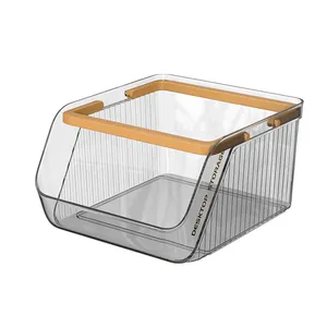 Large capacity transparent desktop storage box with orange handle for snacks and cosmetics