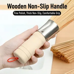 Natural bamboo pot brush with ergonomic wooden non-slip handle for kitchen cleaning