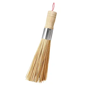 Professional natural bamboo kitchen pot brush with wooden handle for heavy duty cleaning