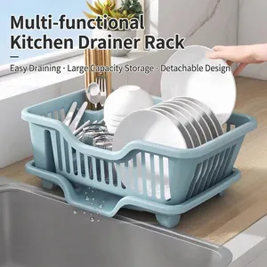 Multifunctional blue plastic dish drying rack with drainboard for kitchen countertop storage