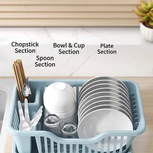 Modern blue kitchen dish drying rack with partitioned storage for plates bowls and cutlery