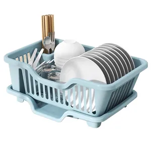 Multifunctional blue plastic dish drying rack with drip tray for kitchen counter storage