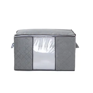 Large capacity grey foldable storage bag for clothes and quilts with transparent window