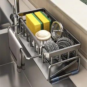 Carbon Steel Kitchen Sink Organizer Drain Rack Countertop Sponge Holder With Rag Hanging Bar Removable Drain Tray Grey Black