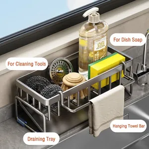 Modern stainless steel kitchen sink organizer rack with sponge holder and towel bar