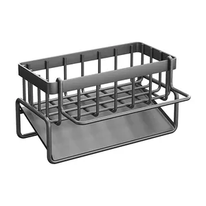 Minimalist matte grey kitchen sink organizer rack for dish sponges and washcloths with drain tray