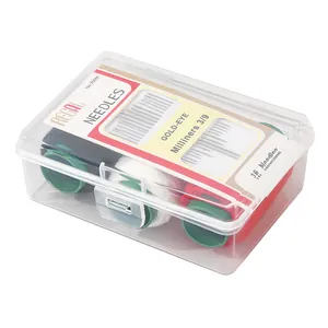 Professional portable home sewing kit in clear storage box with needles and threads.