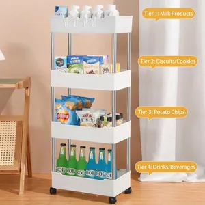 Chariot de rangement fin à 4 niveaux avec roues pour l'organisation cuisine et salle de bain