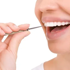 Portable brass toothpick and metal fruit pick for personal dental hygiene and oral care