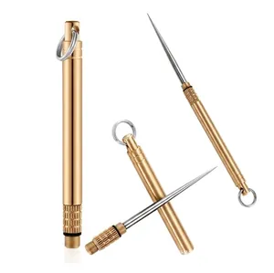 Portable brass toothpick holder with stainless steel tip and functional keychain ring