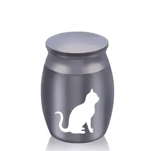 Elegant small gray pet cremation urn featuring a distinct white cat silhouette detail.