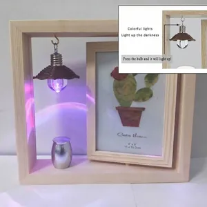 6-inch rotating wood photo frame with memorial cremation urn and purple LED lamp