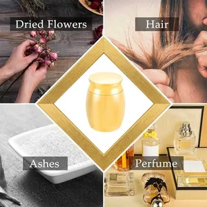 Small golden metal memorial urn for pet ashes hair remains or dried flowers keepsake