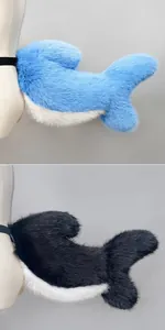 Detailed side view of blue and black plush furry shark tails for furry cosplay props