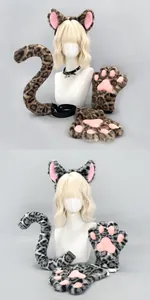 Detailed view of leopard ear headband, paws, and tail set in brown and grey colors.