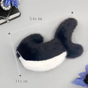Plush shark tail cosplay accessory for furry suits, 54cm black and white faux fur tail.