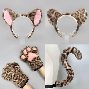 Leopard print animal costume set with ears headband, paws and tail for Halloween.