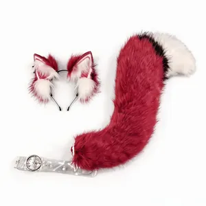 Y2K-stijl pluizige bordeauxrode en witte wolfsoor hoofdband met bijpassende staart