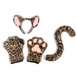 Leopard animal costume set including ears headband, plush paws, and tail for kids.
