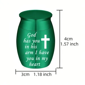 Small 4cm green metal memorial cremation urn with cross and heartfelt engraving