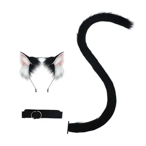 Serre-tête oreilles d'animaux en fourrure noire et blanche avec longue queue incurvée