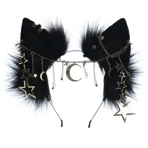 Dark Lolita black furry wolf ears headband decorated with gold moon and star chains