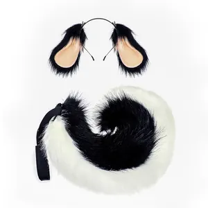 Premium black and white faux fur animal ears headband and tail set for cosplay props