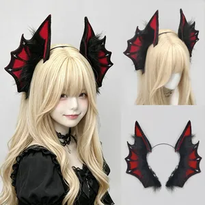 Gothic Halloween demon ear headband with black faux fur and red fin design