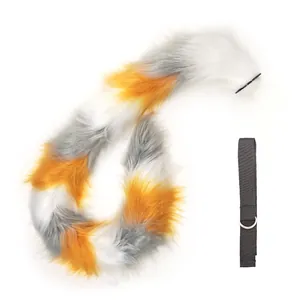 Long posable faux fur calico cat tail cosplay costume prop with adjustable black leg strap