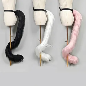 Long 120cm poseable faux fur cat tail cosplay prop for furry animal costumes and events