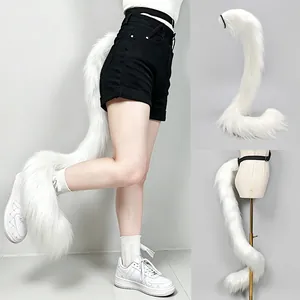 Poseable long white faux fur cat tail cosplay prop with adjustable internal bone structure