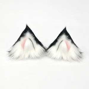 Realistic plush black and white electric moving cat ears hair accessory with pink inner detail