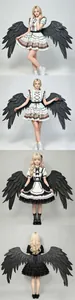 Detailed views of large black cosplay angel wings with Lolita-style fashion outfits.