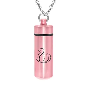 Rose Gold Metal Cylinder Pet Cremation Urn Pendant Necklace Cat Silhouette Memorial Jewelry Essential Oil Bottle Pendant