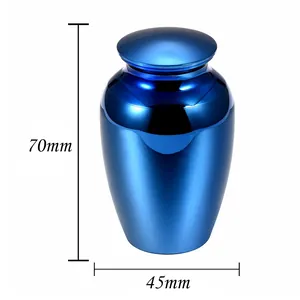 Pequeña urna de cremación metálica azul para cenizas con 70mm de alto y 45mm de ancho