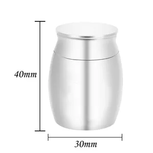Small stainless steel pet cremation urn with 40mm height and 30mm width dimensions